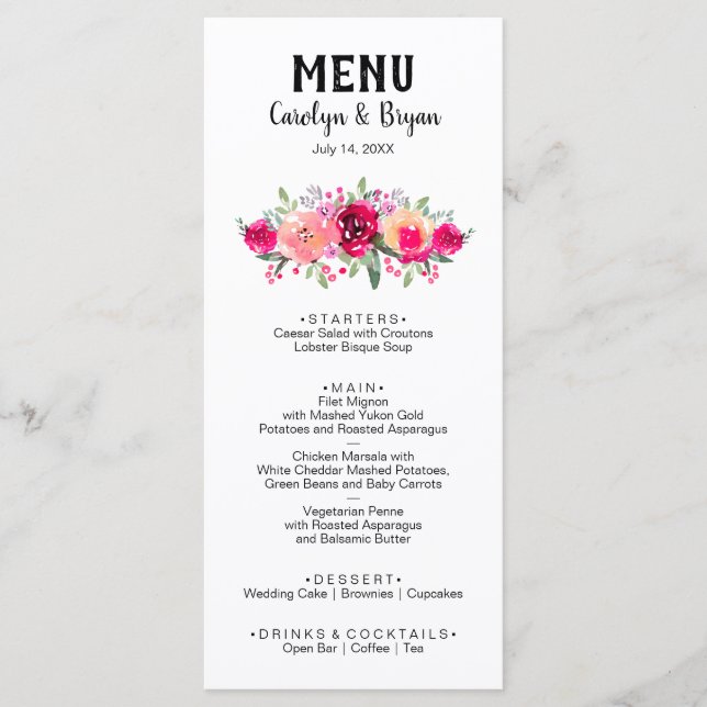 Menú Boda floral acuarela (Anverso)