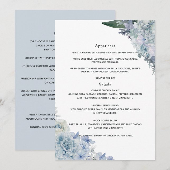 Menú Boda floral acuarela azul polvoriento (Anverso / Reverso)