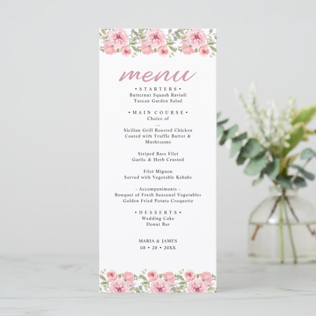 Menú Boda floral acuarela de verano (Anverso de pie)