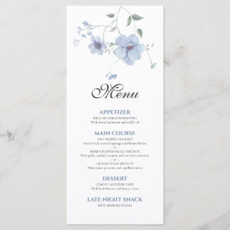 Menú Boda floral acuarela elegante azul polvoriento