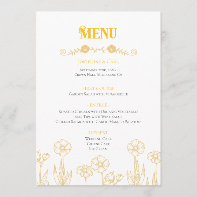 Menú Boda floral amarillo y blanco (Anverso)
