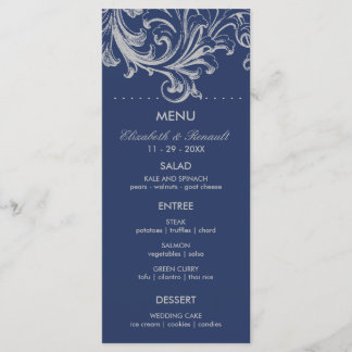 Menú Boda floral antiguo azul y gris
