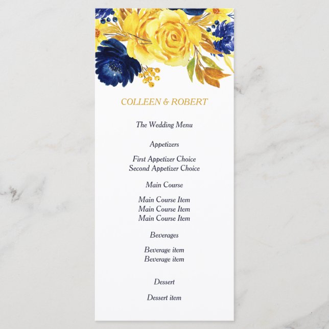 Menú Boda floral azul de la Marina Dorada brillant (Anverso)