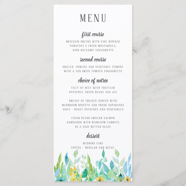 Menú Boda Floral Azul del Mar de Agua (Anverso)