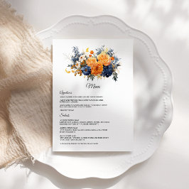 Menú Boda floral azul marino, naranja quemada y champán