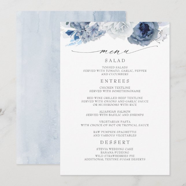 Menú Boda floral azul marino y azul turbio (Anverso / Reverso)