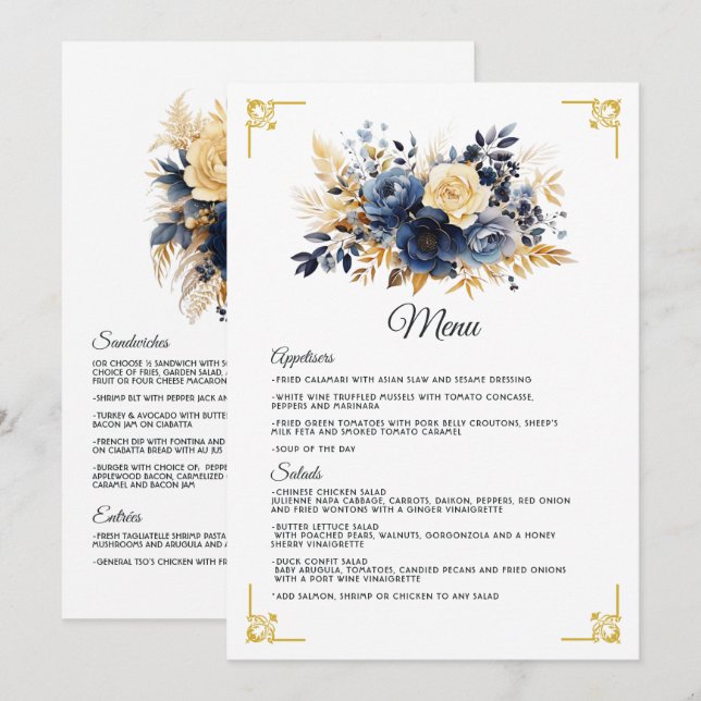 Menú Boda floral azul marino y dorado (Anverso / Reverso)