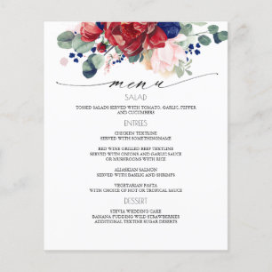 Menú Boda floral azul marino y rojo borgoña
