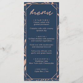Menú Boda floral azul marino y rosa oro moderna