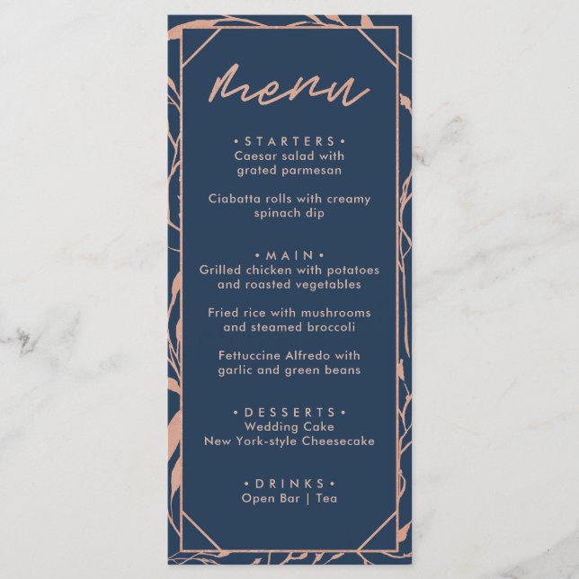 Menú Boda floral azul marino y rosa oro moderna (Anverso)