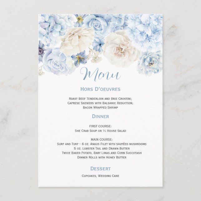 Menú Boda floral azul pálido y blanco (Anverso)