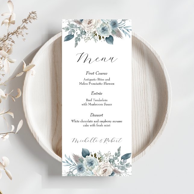 Menú Boda floral azul personalizado (4"x9") (Subido por el creador)