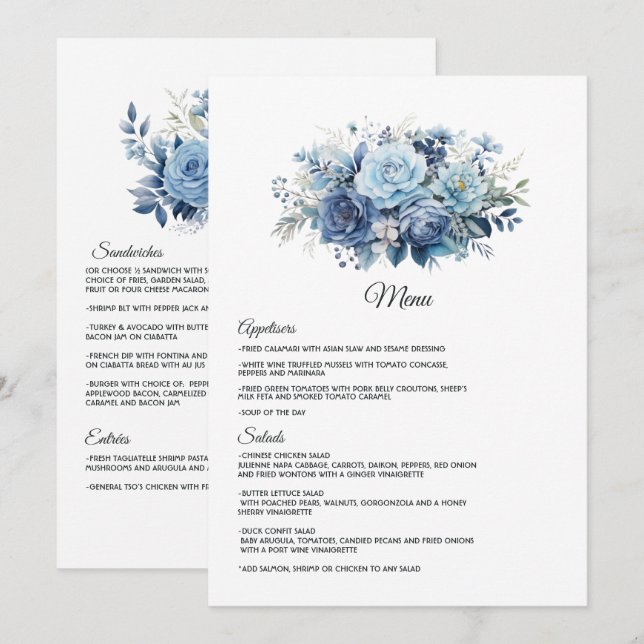 Menú Boda Floral Azul Polvo (Anverso / Reverso)