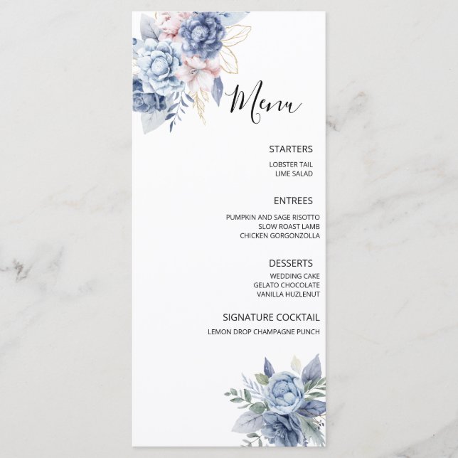 Menú Boda floral azul polvoriento (Anverso)