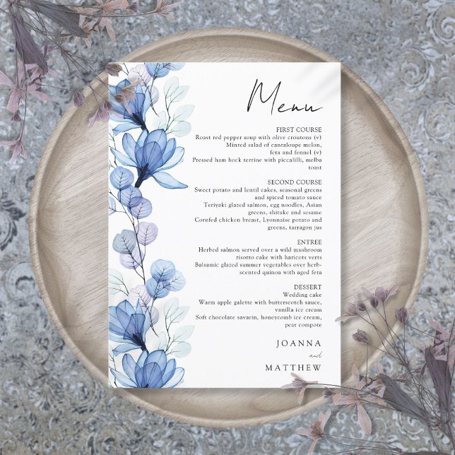Menú Boda floral azul transparente moderno (Modern Blue Transparent Floral Wedding Menu)
