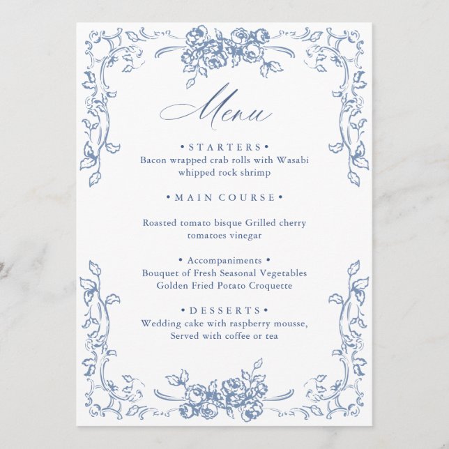 Menú Boda floral azul turquesa del órgano renacentista (Anverso)