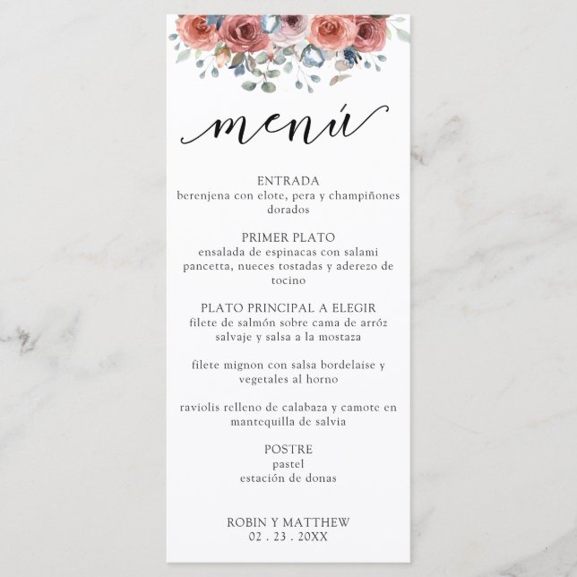 Menú Boda floral azul y agitado (Anverso)