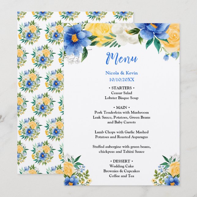 Menú Boda floral azul y amarilla (Anverso / Reverso)