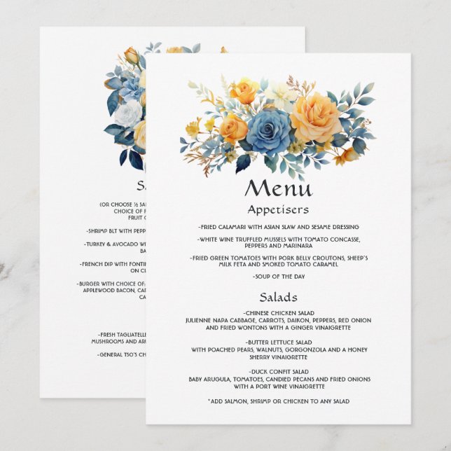 Menú Boda floral azul y dorado (Anverso / Reverso)