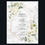 Menú Boda Floral blanca de mármol geométrico de cobre<br><div class="desc">Moderno y a la última,  la carta boda se caracteriza por su montaje floral de color acuarela,  florido de color blanco y de eucalipto,  y por su textura de mármol blanco. Copyright Elegant Invita. Todos Los Derechos Reservados.</div>
