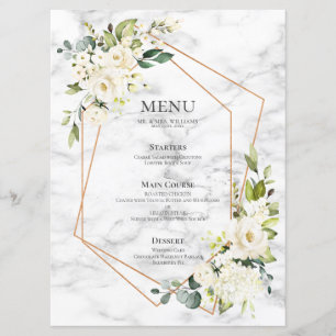 Menú Boda Floral blanca de mármol geométrico de cobre