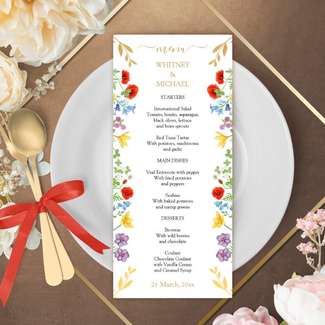 Menú Boda Floral blanca de primavera colorida (Colorful Spring Wildflower White Floral Wedding Menu)