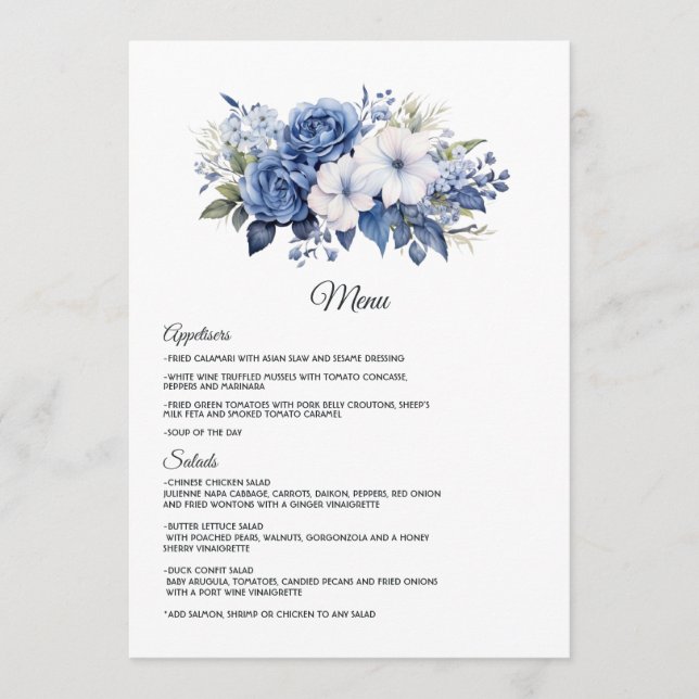 Menú Boda floral blanca y azul marino (Anverso)