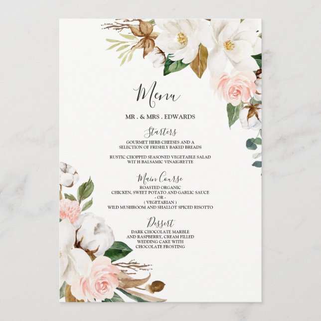 Menú Boda floral blanco de Rubor o cena de ensayo (Anverso)