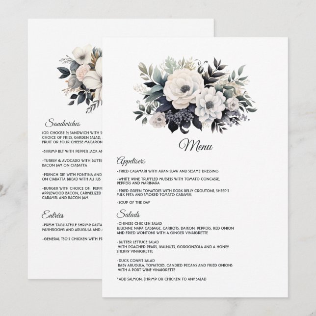 Menú Boda floral blanco y negro (Anverso / Reverso)