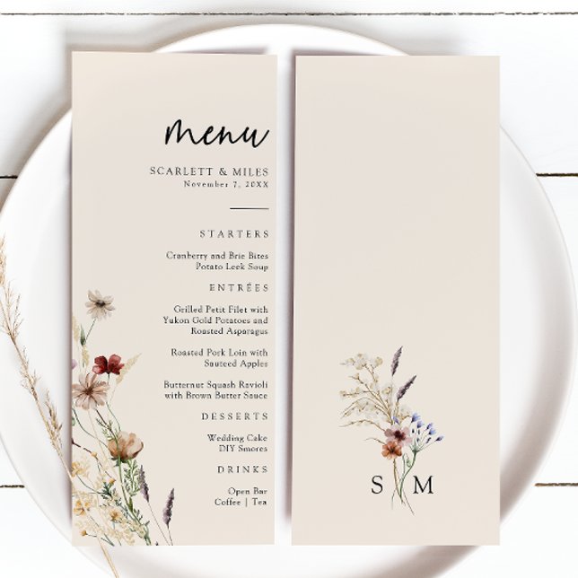 Menú Boda Floral Boho (Tan Wildflower Floral Boho Wedding Menu by Painted Paperie
)