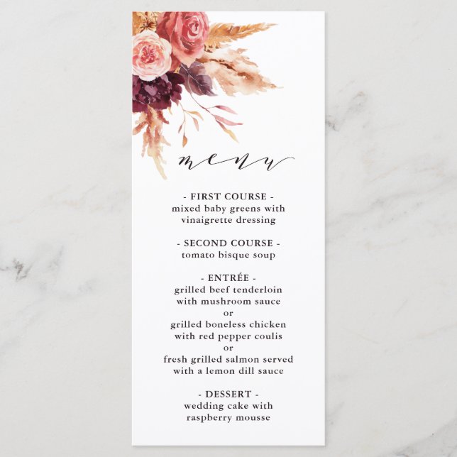 Menú Boda Floral Boho Burgundy Terracotta  (Anverso)