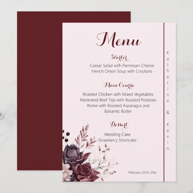 Menú Boda floral Burgandy Dusty Rosa (Anverso / Reverso)