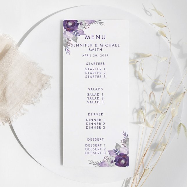 Menú Boda floral color morado y plateado (Purple and Silver Watercolor Floral Wedding Menu)
