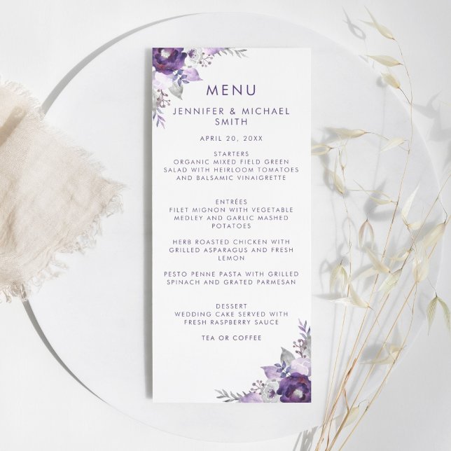 Menú Boda floral color morado y plateado (Purple and Silver Watercolor Floral Wedding Menu)