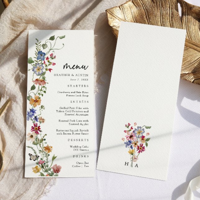 Menú Boda floral colorido (Watercolor Colorful Wildflower Monogrammed Wedding Menu by Painted Paperie)