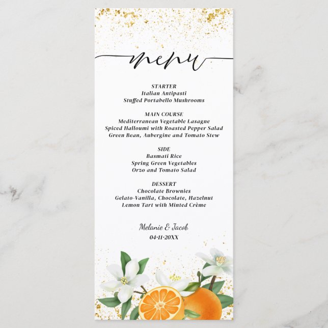 Menú Boda floral con guión de naranja cítrica dorada (Anverso)