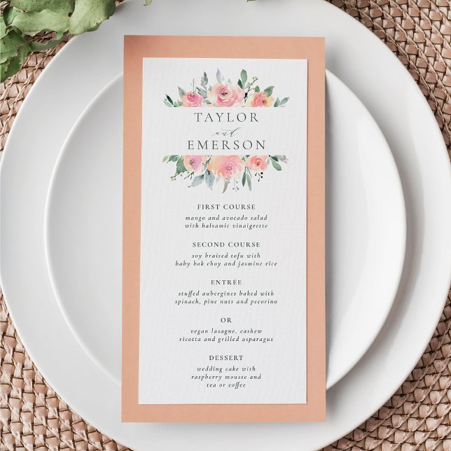 Menú Boda floral de acuarela de Rubor y Sage (Menu Card Mock-up)