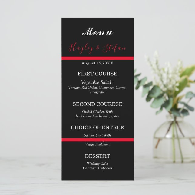Menú Boda Floral De Acuarela Moderna Negra Y Roja (Anverso de pie)