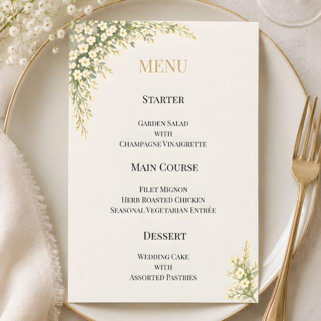 Menú Boda floral de bebé de lujo (Luxury baby's breath wedding themed menu card)