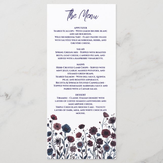 Menú Boda floral de Burgundy y azul con ambiente (Anverso)