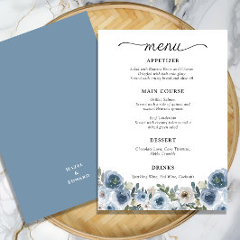 Menú Boda floral de color azul turbio clásico