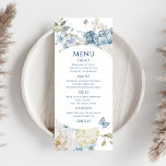 Menú Boda floral de color azul turbio y romántico<br><div class="desc">El romántico menú Boda floral Dusty Blue Watercolour incluye celeste azul polvoriento y flores delfinísimas con vegetación eucaliptica acentuada por mariposas. Agregue el texto personalizado en un guión moderno elegante.Vea la colección. Diseñado por Evco Studio www.zazzle.com/store/evcostudio</div>