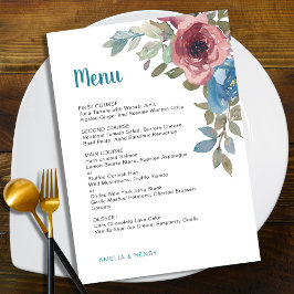 Menú Boda floral de color azul y rosa simple