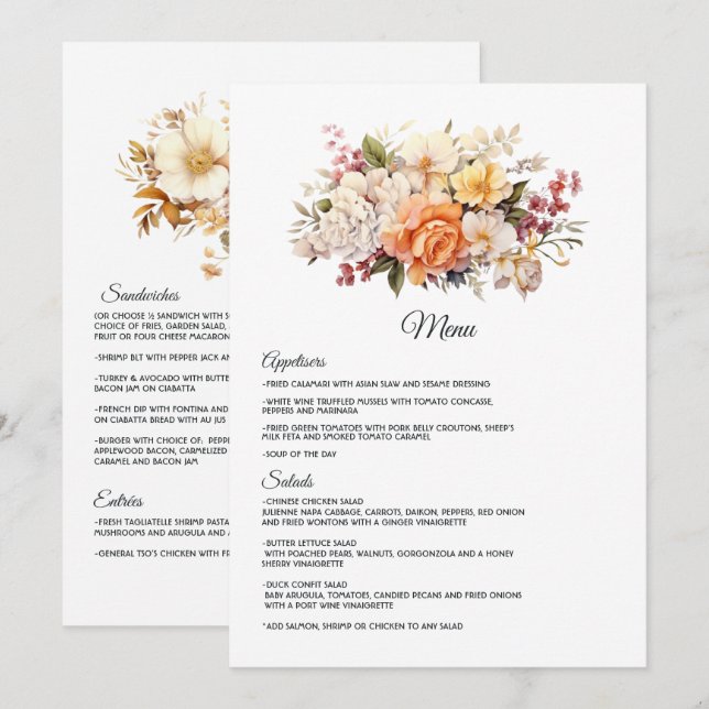 Menú Boda floral de color champán (Anverso / Reverso)