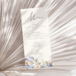 Menú Boda floral de crema azul turbio<br><div class="desc">Esta carta boda presenta un diseño floral de acuarela con flores elegantes en diferentes tonalidades de azul y crema polvorientos.</div>