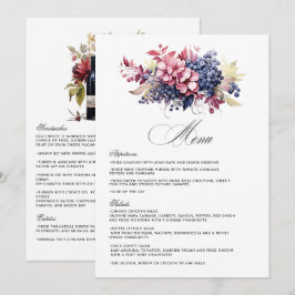 Menú Boda floral de degustación de vino Burdeos, azul m