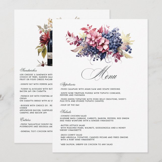 Menú Boda floral de degustación de vino Burdeos, azul m (Anverso / Reverso)