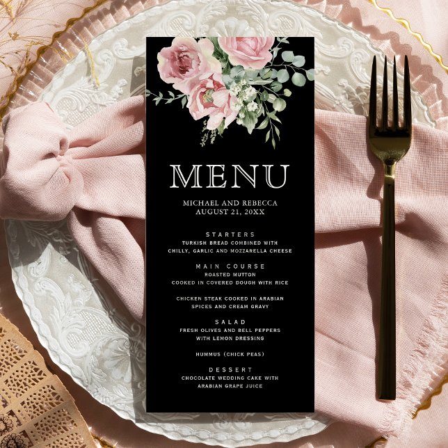 Menú Boda floral de eucalipto rosa sonrosado negro (Subido por el creador)