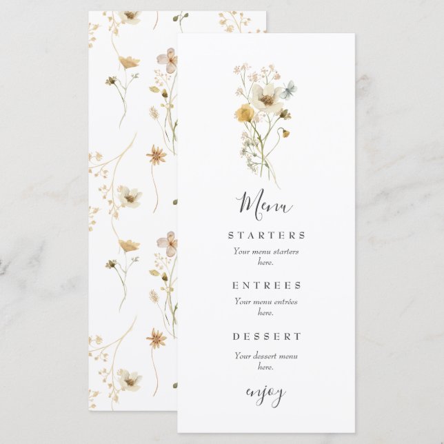 Menú Boda floral de jardín boho de flores silvestres (Anverso / Reverso)
