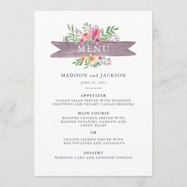 Menú Boda floral de la acuarela (Anverso)